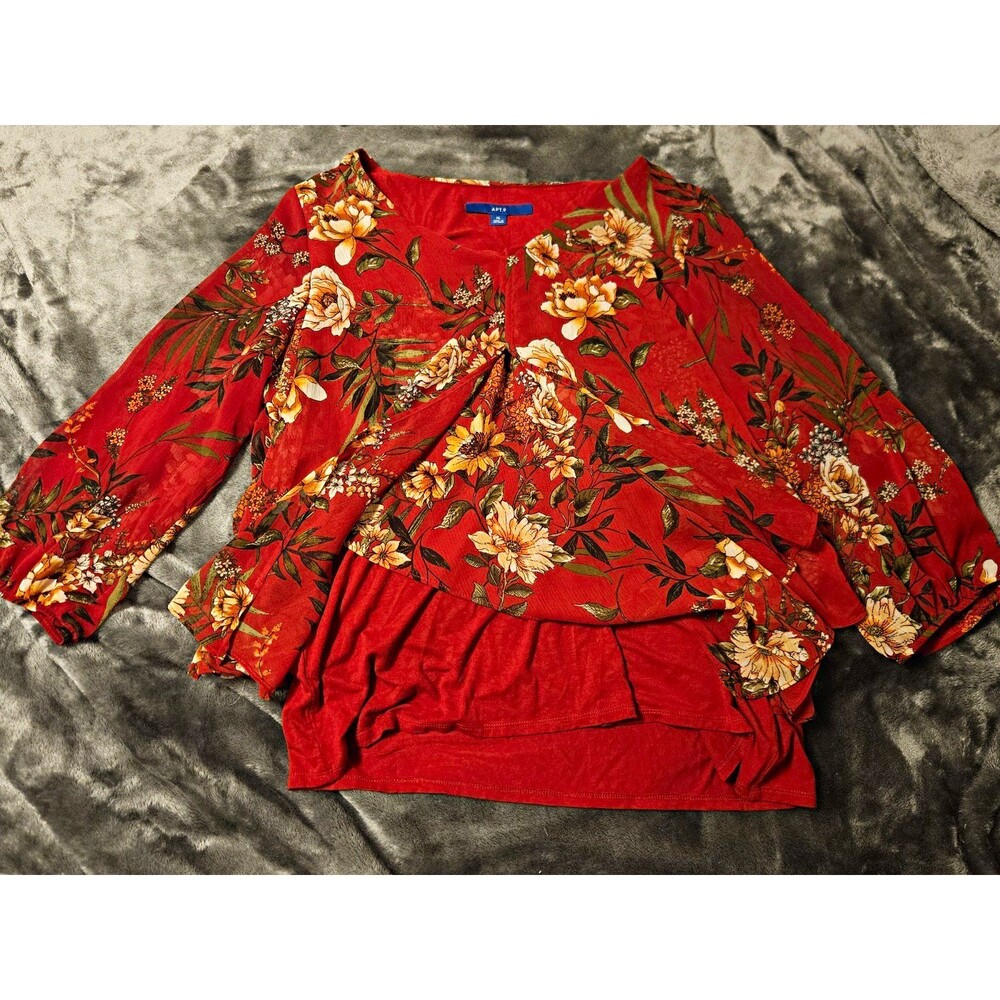 Apt. 9 Women's XL Red Floral Chiffon Polyester V-Neck Long Sleeve Blouse